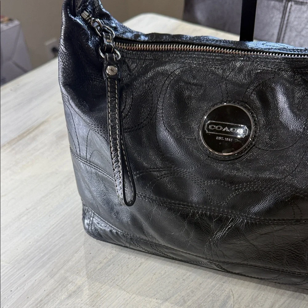 Coach Black Signature Stripe Stitched Leather Hobo Bag with Silver Accents